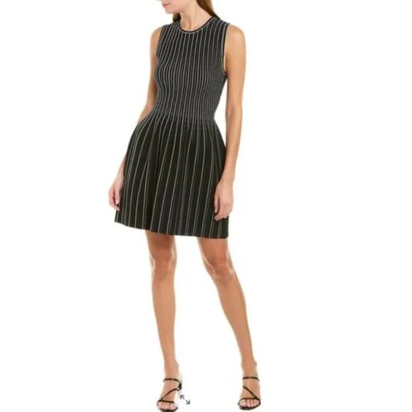 Theory Structured Shell Lustrate Black White Stripe Mini A-Line Dress Size L - Picture 1 of 9